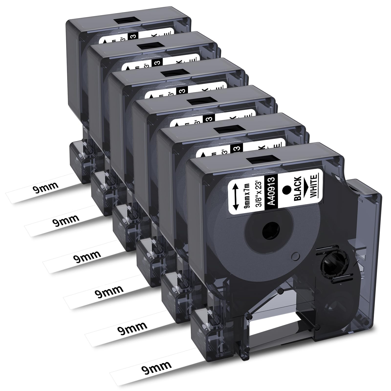 6Pk Compatible with Dymo 9mm x 7m D1 Label Tape 40913 S0720680 Tape Cassettes for DYMO LabelManager 160 210D 360D 420P 450D D1 Label Maker Refills, Black on White