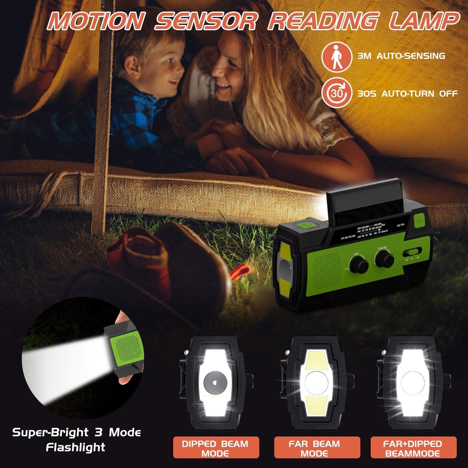Emergency Radio Hand Crank Solar, 4000mAh Portable Weather Radio, NOAA Weather Radio, Outdoor Radio with Flashlight & Motion Sensor Reading Lamp, Solar Cell Phone Charger, SOS Alarm(Green): Home Audio & Theater