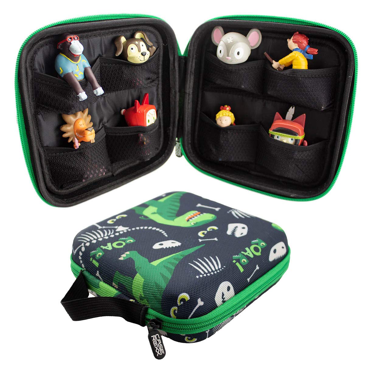 caseroxx Transport Bag for Tonie Figures, Protective Storage Case, Dinosaur Pattern, Black