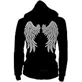 Fashion2ne1 Women's Zip Up Hoodie with Rhinestone Angel Wings and Pockets, Black, S-4XL, EVENT, CONCERT, PARTY