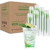 ECOLipak 1000 Count 9 OZ Clear Compostable Plastic Cups, Disposable Plant-Based Biodegradable Drinking Party Cups, PLA Plastic Cold Tumblers for Restaurant, Office, Canteen, Large Gathering