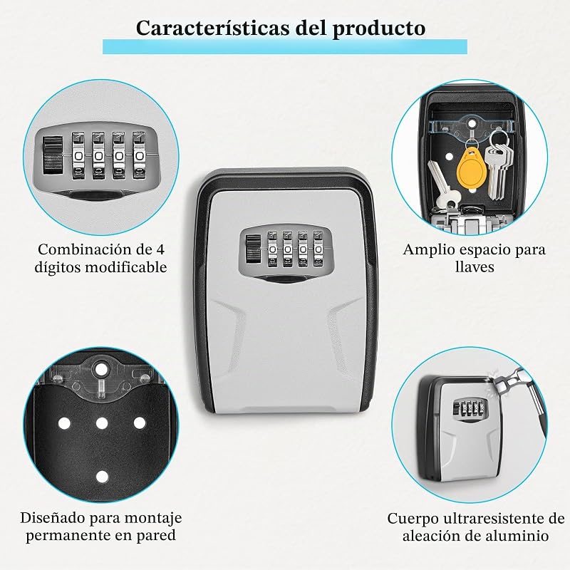 Caixa de Chaves com Código de 4 Dígitos, Grande Caixa de Chaves de Parede, Cofre de Chaves Exterior, Proteção Resistente e Impermeável para Casa, Garagem, Escritório e Jardim — foto 2 de 7