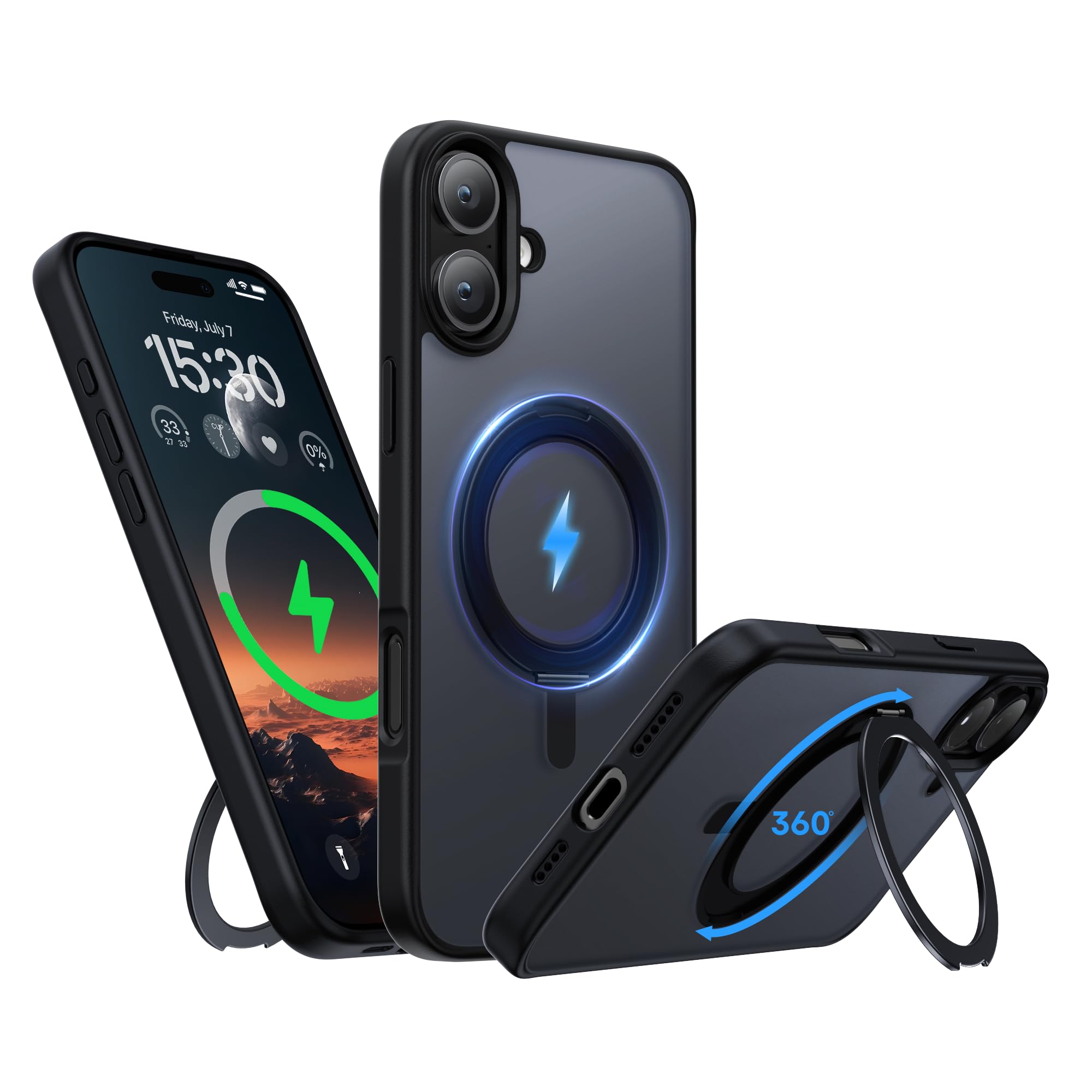 Niunisi Stand for iPhone 16 Plus Case, [Compatible with Mag Safe] 360° Rotatable Ring Holder Kickstand Military Shockproof Protective Case for iPhone 16 Plus 6.7 Inch, Black