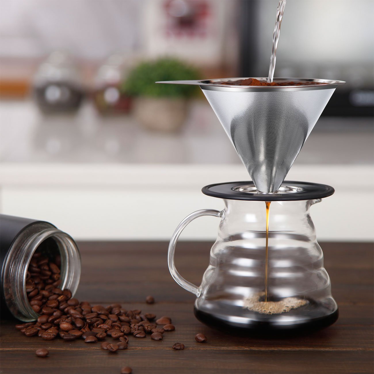 LHS Pour Over Coffee Dripper Stainless Steel Coffee Filter Metal Cone Filter Paperless Reusable Coffee Filter Single Cup Coffee Maker 1-4 Cup With Non-slip Cup Stand and Cleaning Brush