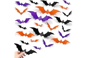 Siawoy 100 PCS 3D Halloween Bats Wall Decor, Realistic PVC Bats Halloween Decoration,Scary Plastic Bat Wall Stickers for Home Windows Indoor Outdoor Porch Kitchen Bathroom Decor [Orange Purple Black]