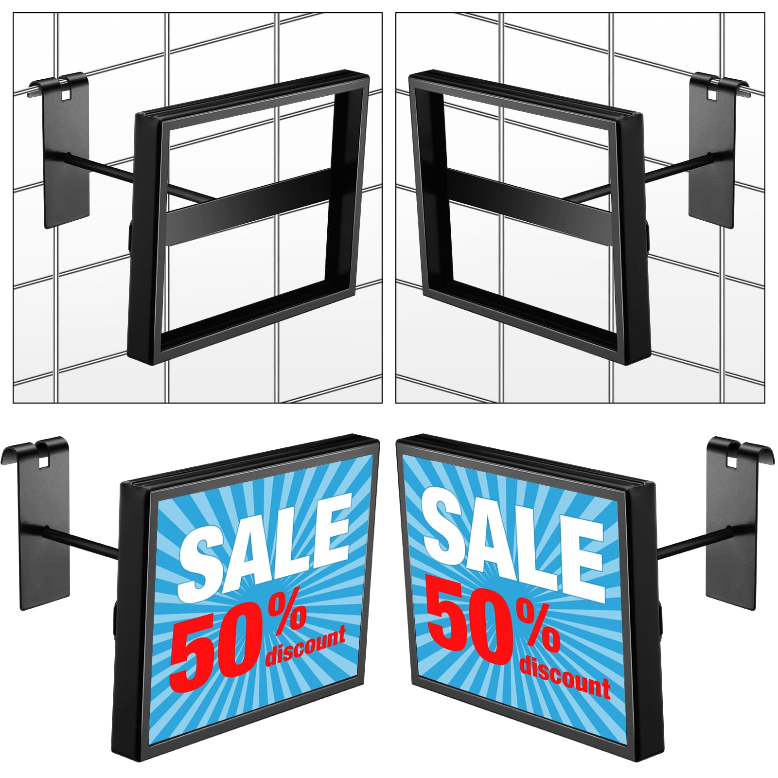 Photo 1 of Tandefio 4 Pcs Gridwall Sign Holder Rectangular Black Faceout Sign Holder for Wire Grid and Grid Wall, Holds 7" W x 5.5" H Signs