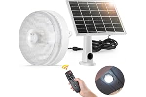 SunBonar Solar Ceiling Light-Motion Sensor, 30S/60S Timer & 4 Modes & Tricolor, Daytime & Dimmable with Remote & ON/Off Switch, Waterproof Indoor/Outdoor Solar Lights for Shed/Barn/Porch/Chicken Coop
