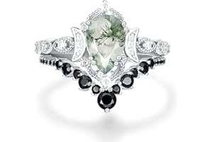 IRROYA Genuine Moissanite Bridal Sets - 1.50 Carat Pear Cut Natural Moss Agate Wedding Sets - Milgrain Floral Half Eternity Engagement Ring - Round Cut Created Black Spinel Wedding Band - Art Deco Platinum Plated 925 Silver Rings - Gifts For Women - Vintage Jewelry - Promise Rings For Her