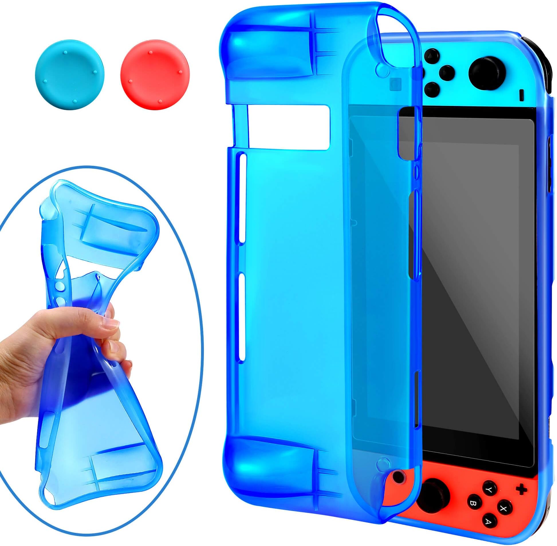 Pakesi for Nintendo Switch case, Soft Case for Nintendo Switch with Two Thumb Grip Set Joystick Cap -Blue