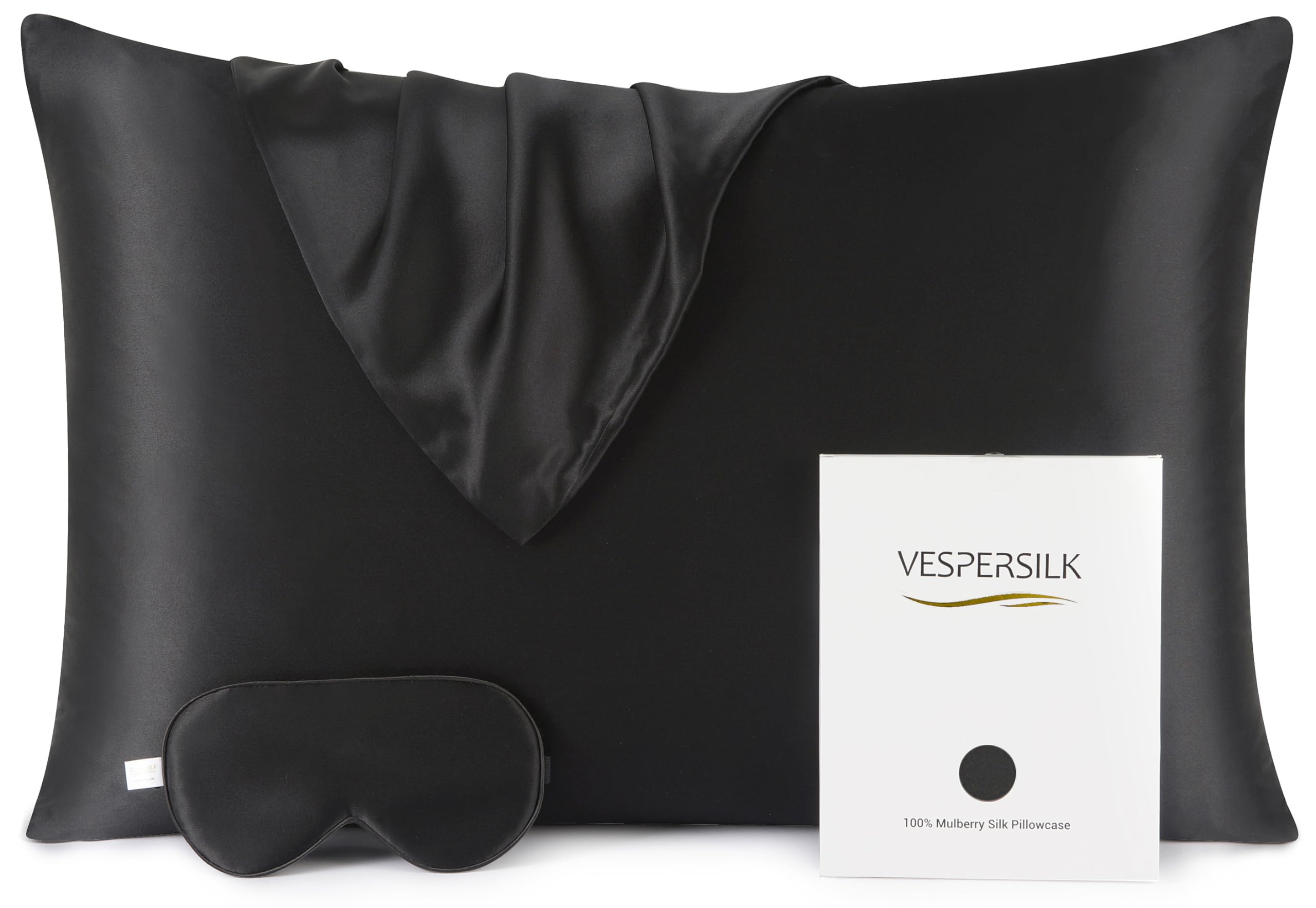 Vespersilk 100% Mulberry Silk Pillowcase & Eye Mask Set for Hair and Skin Health, 19 Momme Grade 6A Organic Silk Both Sides, with Hidden Zipper (Standard 50x75cm, Black)