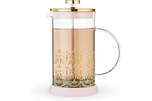 Pinky Up Riley Casablanca Glass Tea Press Pot, Coffee Maker, French Press for Loose Leaf Tea and Coffee, Hot or Iced Beverage Brewer, 34 oz, Pink And Gold
