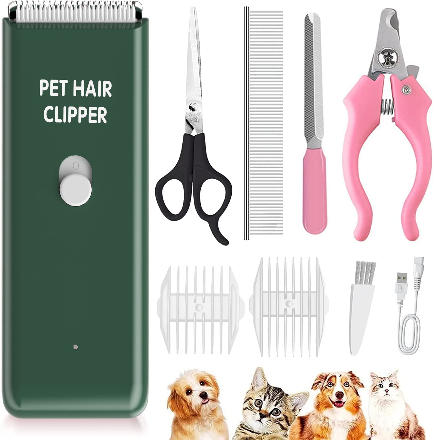 Favrison Dog Clippers, Professional Cat Grooming Kit for Matted Fur, Silent Cordless Cat Shaver, Rechargeable Dog Trimmers, Low Noise Pet Hair Clipper for Cats Dogs (Green)