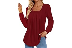 Funlingo 2024 Women's Long Sleeve Tops Dressy Pleated Square Neck Tunic Blouses Casual Loose Shirts