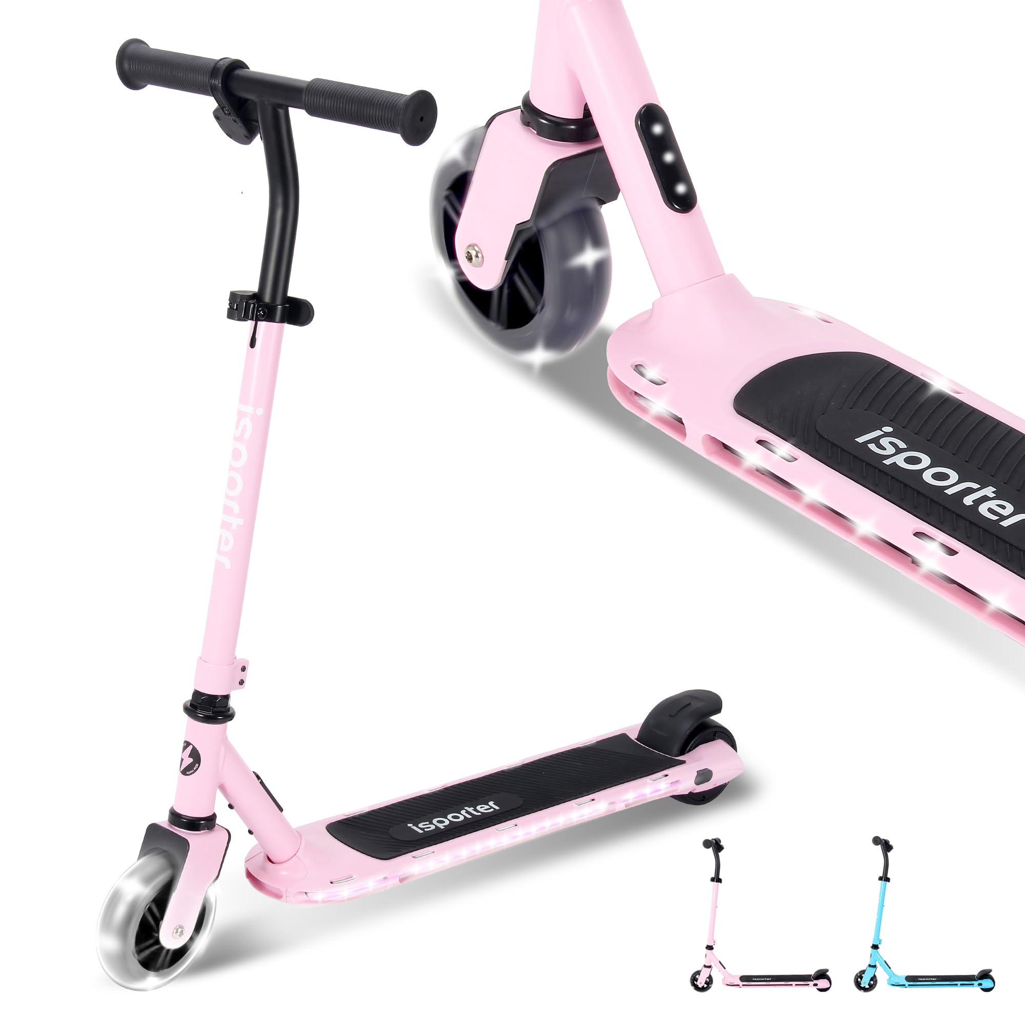 AERO Kids Electric Scooter for Boys and Girls Ages 6-12 or 8-12, with Hand Accelerator, LED Lights, 2 Speed Levels, Battery Indicator, Rubber Mat, and Adjustable Heights