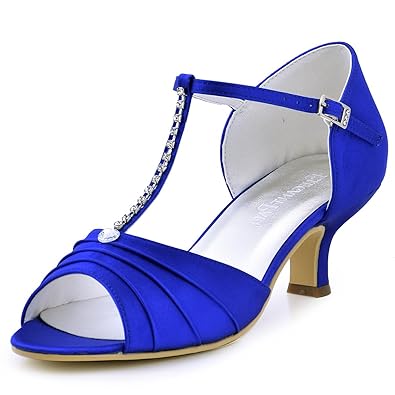 ElegantPark EL-035 Peep Zehen Damen T Straps Strasskette Niedriger Absatz Satin Tanzschuhe Brautschuhe