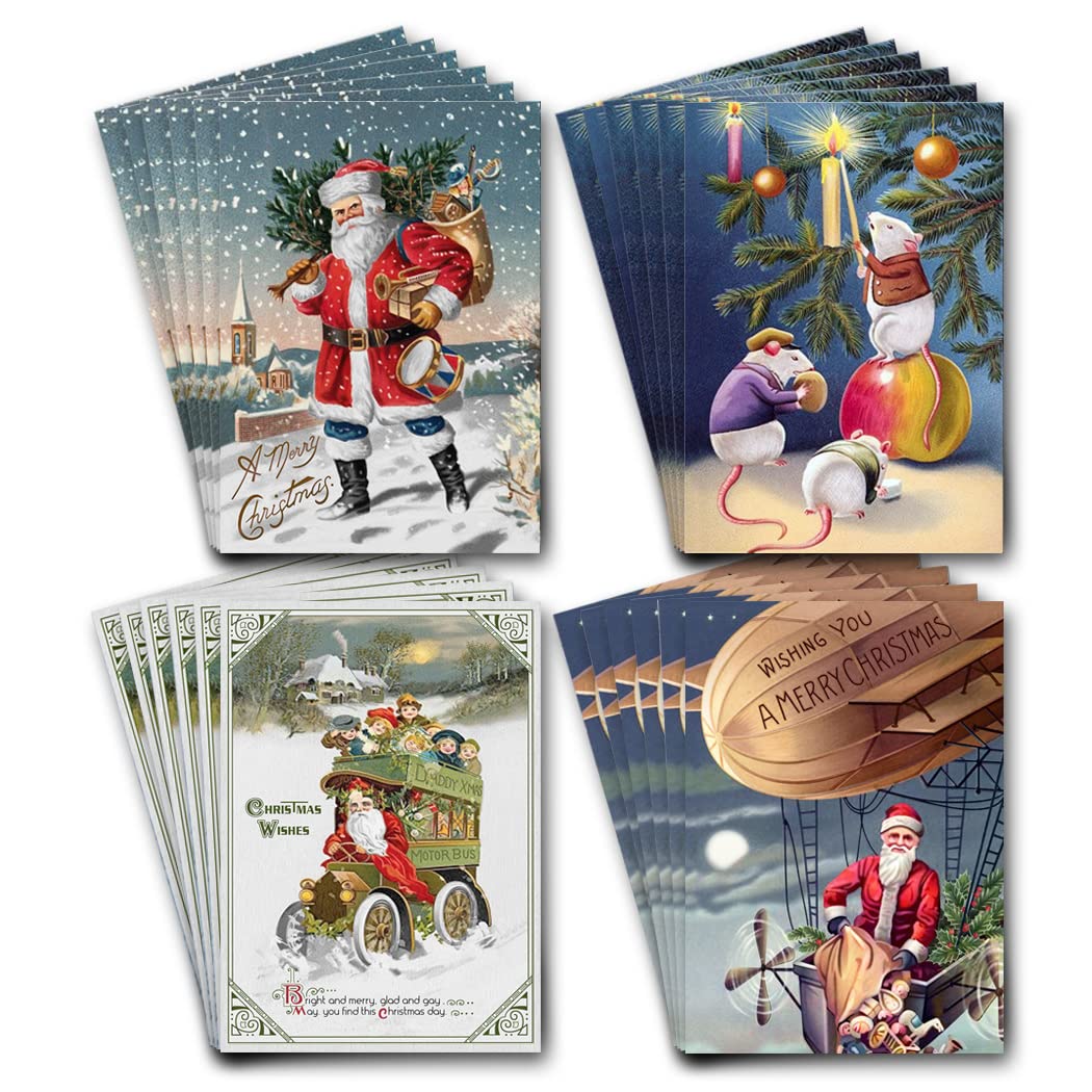 Vintage Christmas Postcards - A6 Bulk Pack of 24 Post Cards - Set of 4 Designs - Victorian Style Old Fashioned Classic Greeting - Unique Art - Traditional Past - Cool School Retro Cute - Made in UK