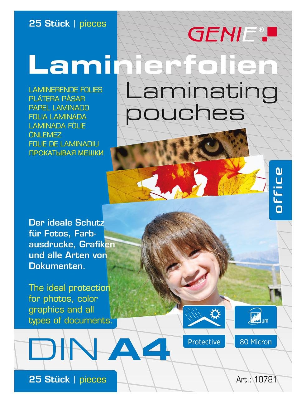 Genie 10781 (Transparent, 80 Micron, Sizes Up to Din A4 Laminating Film Sheets, Suitable for All Heat Nier Devices) Pack of 25