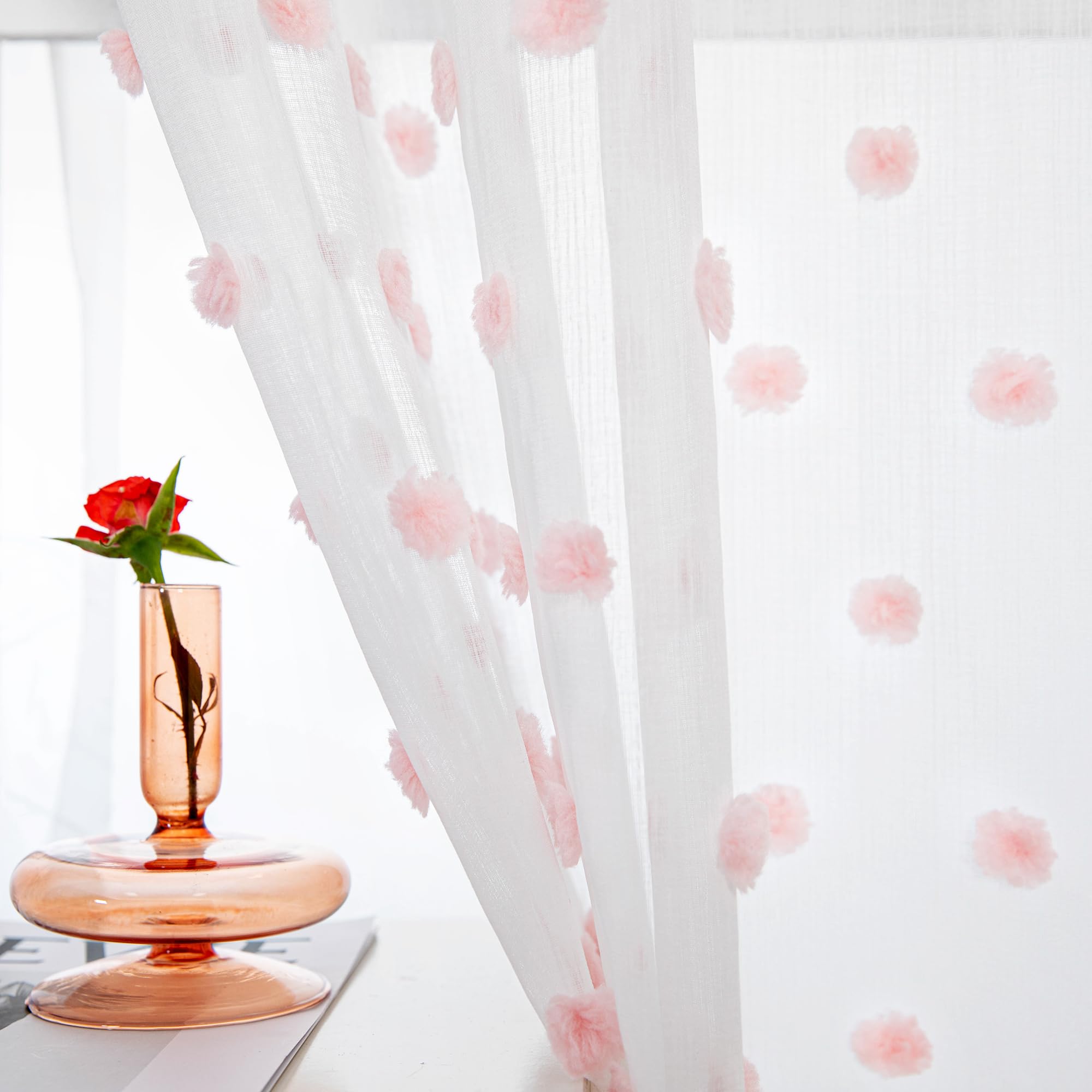 MYSKY HOME Curtains with Eyelets, Short Living Room Curtain, Transparent Decoration for Living Room, Children's Room, Beautiful Curtain, Set of 2, Modern Bedroom Eyelet Curtain, H 160 x W 140 cm, Pink