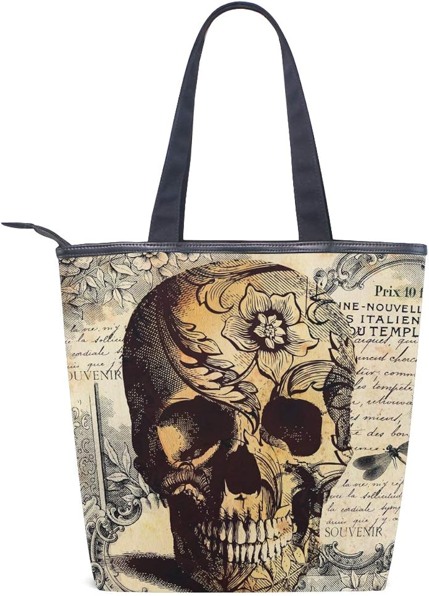Mnsruu Large Canvas Handbag Beach Tote Bag,Travel Shopping Shoulder Bag,Retro Skull Flower Letter Summer Holiday Handbag for Women Lady Girl - Image 3