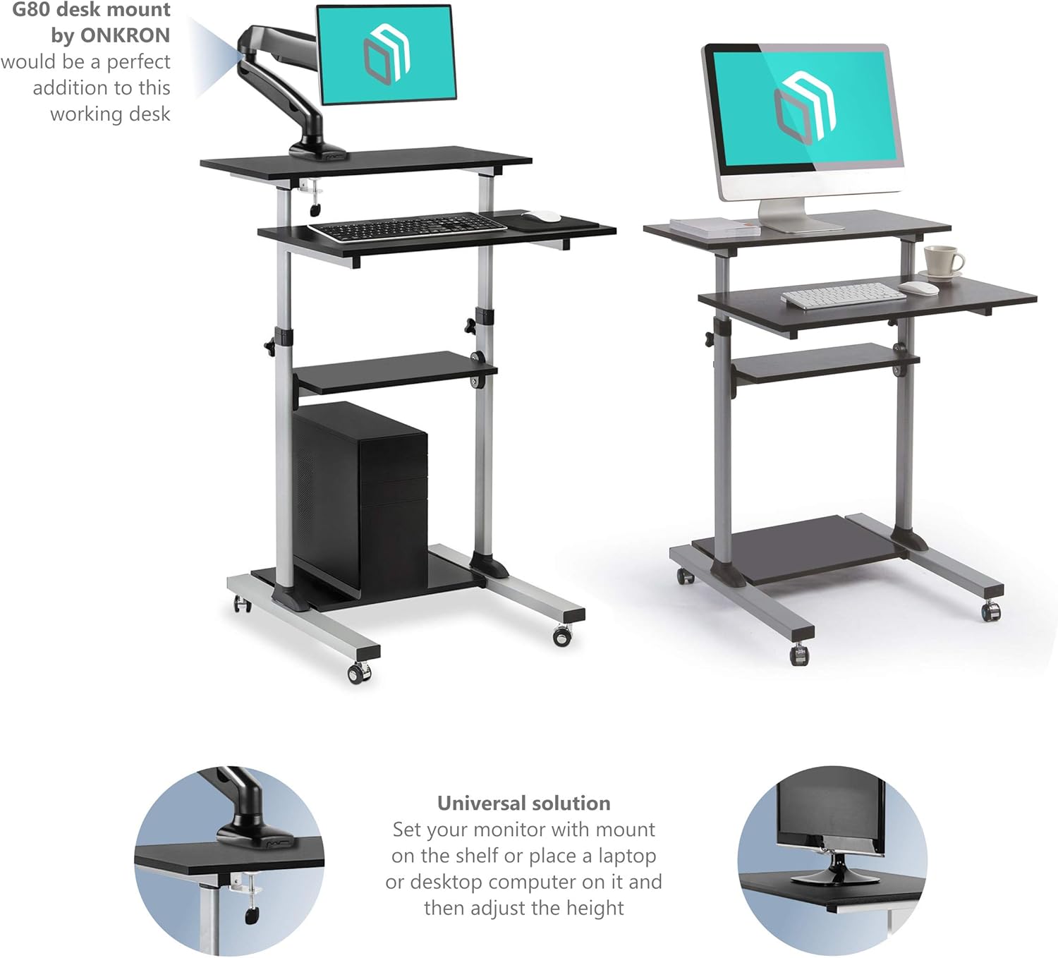 ONKRON Mobile Stand Up Desk Height Adjustable Computer Workstation Rolling Presentation Cart W1R