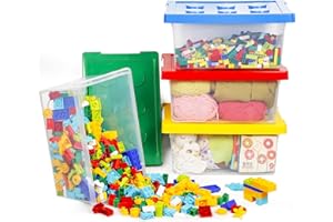 Loobuu Toy Storage Organizer Bins with Lid - Stackable Plastic Organizer Box Set of 4, Kids Toy Chests with Compatible Building Baseplate and Lid, Storage Container for Building Bricks & Toys