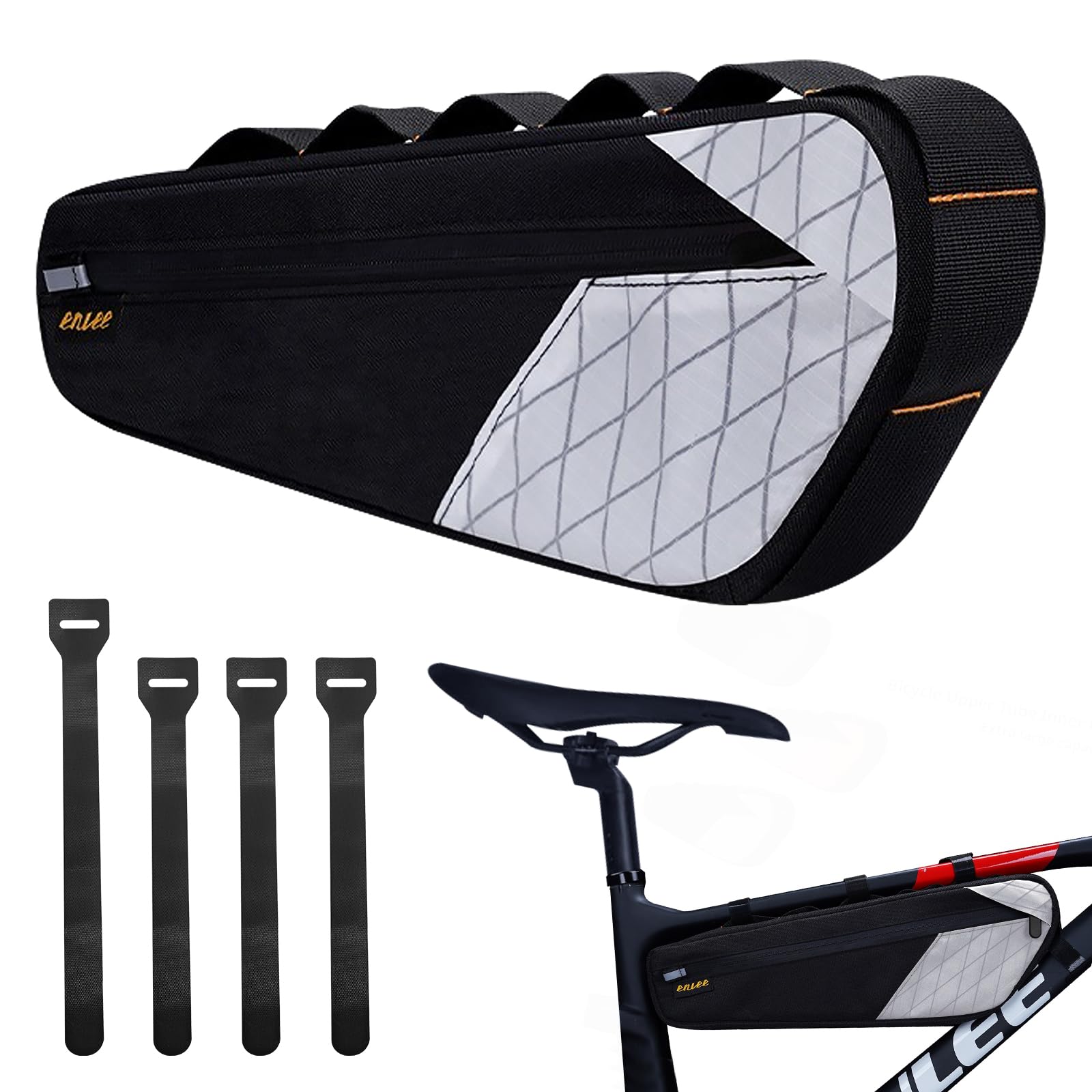 Photo 1 of ENLEE Bike Frame Bag, 2.5L Waterproof Bicycle Frame Bag Under Top Tube, White Reflective Triangle Bike Storage Bag, Easy Installation with Removable Velcro Strap for Road Mountain Cycling Travel