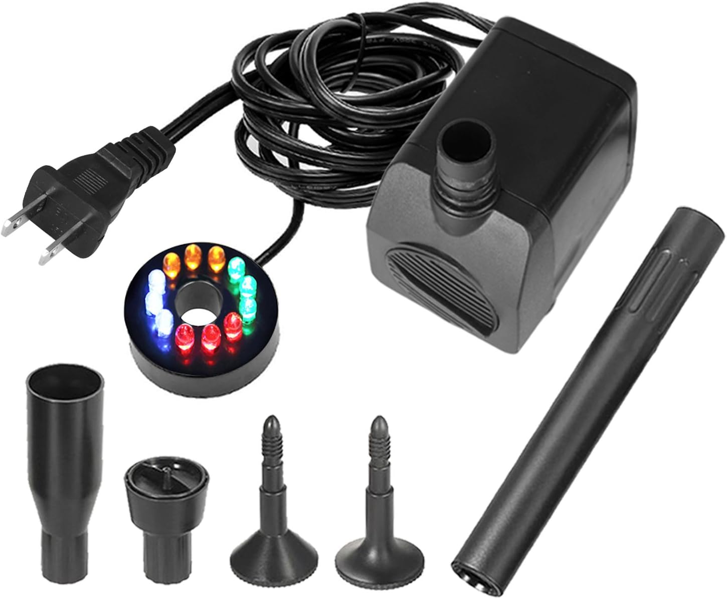 Water Fountain Pump 140GPH with 3 Sprinkler Heads Outdoor Submersible Birdbath Pump (15W; 4 Colors Light Ring, Telescopic Tube): Home Improvement