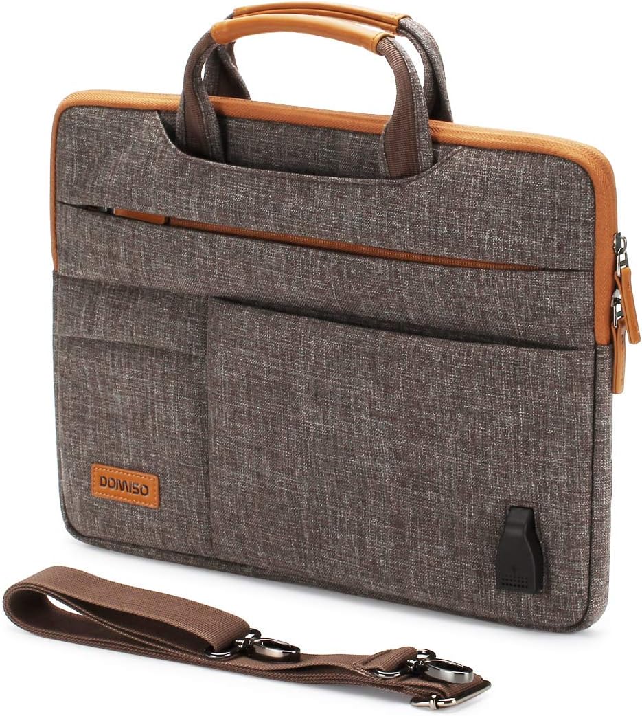 DOMISO 14 Inch Multi-Functional Laptop Sleeve Business Briefcase Messenger Bag with USB Charging Port for 14" Laptop/Chromebook/Ultrabook/Apple/Lenovo/HP/Acer/Microsoft, Brown