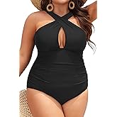 Daci Womens Front Cross Plus Size One Piece Swimsuits Tummy Control Keyhole Bathing Suits Swimwear