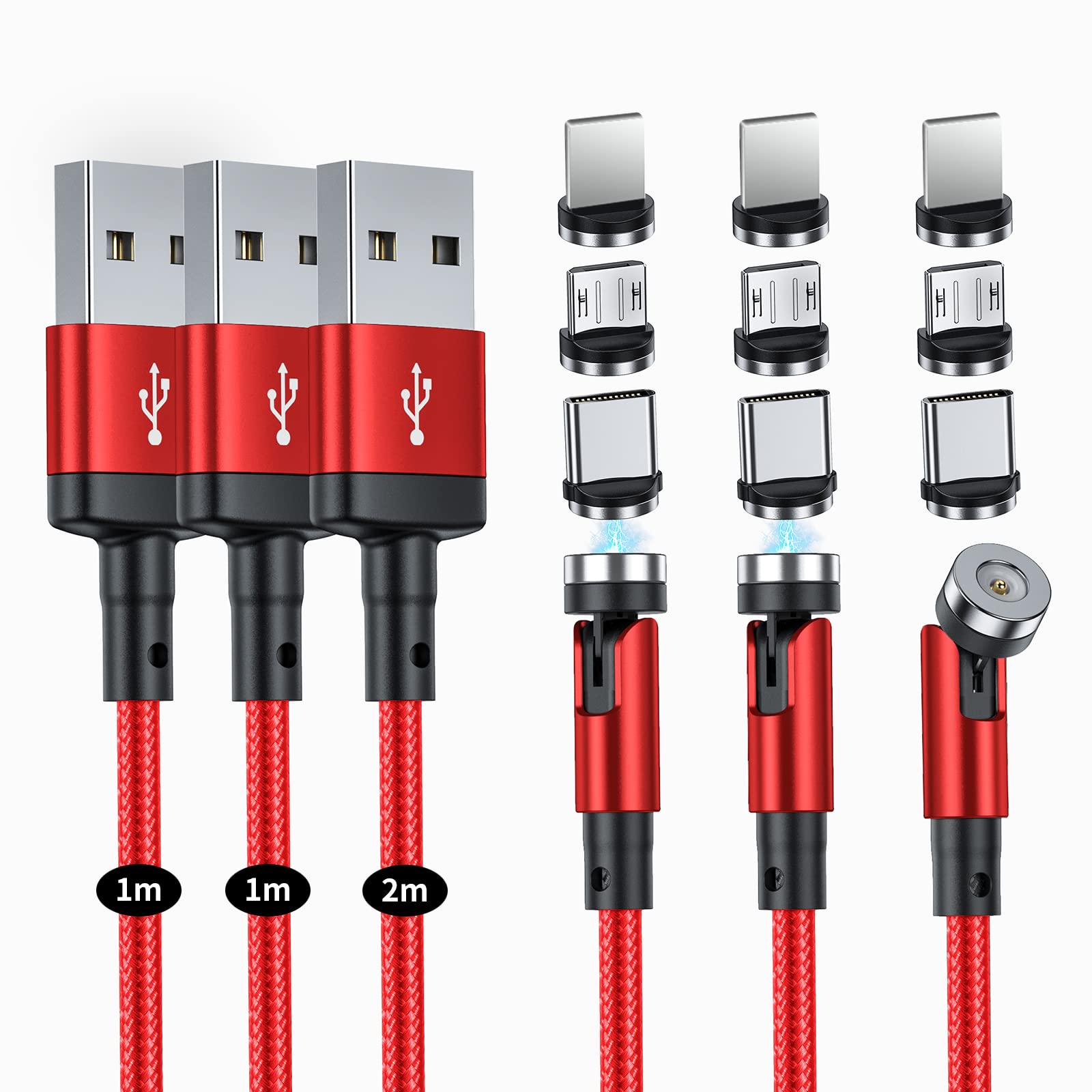 マグネット 充電ケーブル SUNTAIHO 3-in-1 USBケーブル 【3本セット（1M+1M+2M）】360度+180度回転 磁石 磁気 防塵 着脱式 ライト マイクロUSB Type-C コネクタ タイプc Micro USB Cable - DZCX - レッド商品画像