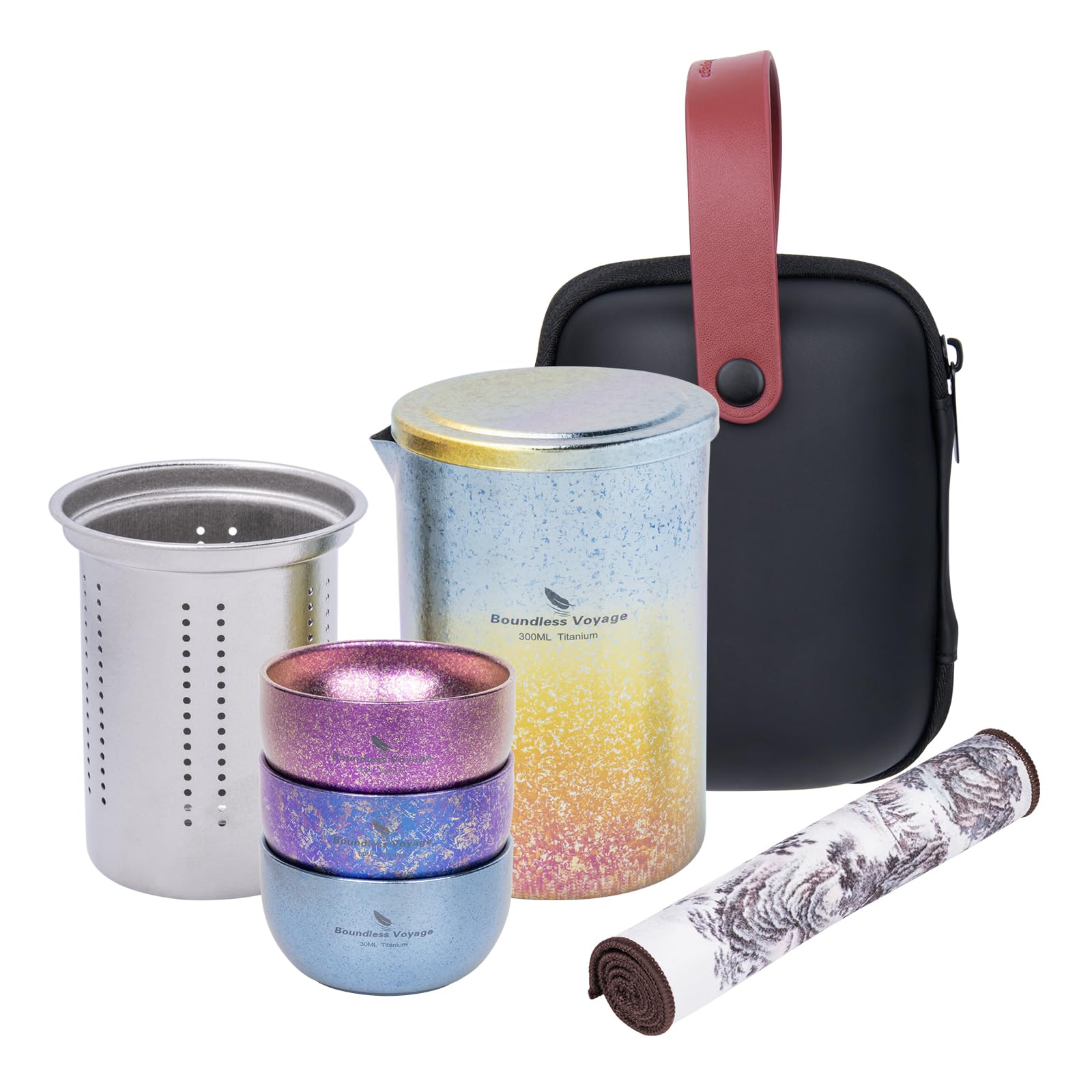 Boundless Voyage Titanium Double-Layer Tea Maker with Filter Portable Camping Teapot Set Anti-scalding Tea Cup Mug for Picnic Hiking Traveling Home Use (Ti3135D-Mix color (Teapot+3cups))