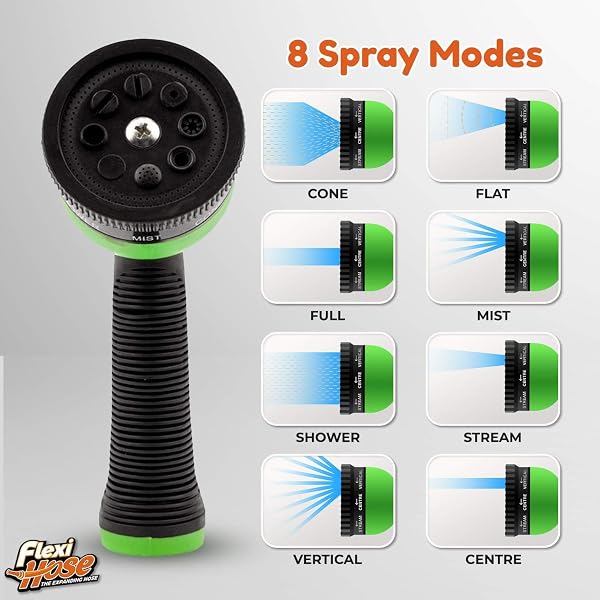 FLEXI HOSE WITH 8 FUNCTION NOZZLE, 150FT – LIGHTWEIGHT EXPANDABLE GARDEN HOSE, NO-KINK FLEXIBILITY, 3/4 INCH SOLID BRASS FITTINGS AND DOUBLE LATEX CORE – BLACK AND GREEN