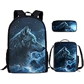 Ystardream Wild Wolf Elemenatry Backpack for Boys 10-12 School Bookbag with Lunch Box Pencil Case 3 Pcs Set Preschool Back Packs Schoolbag for Kids Boys Travel Daypack