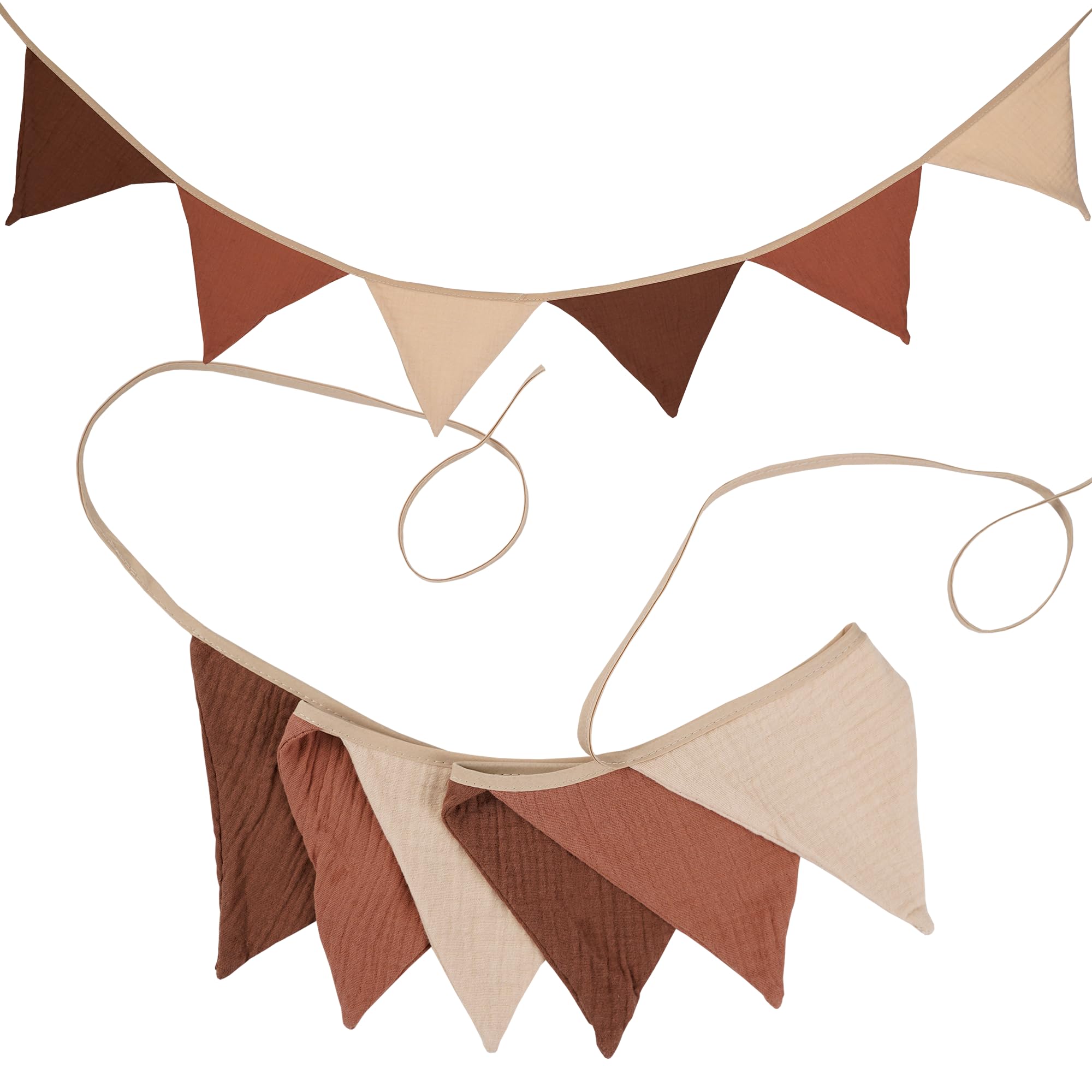 G2PLUS Muslin Fabric Bunting for Nursery: 6PCS Double Side Cloth Triangle Banner, Coffee and Beige Cotton Bunting Banner for Baby Room, Nursery, Baby Shower Decor, 1.9m