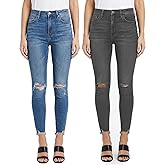 PerZeal Women's Skinny Ripped Trendy Jeans Mid Waisted Destroyed Denim Pants with Frayed Hem (Pack of 2)