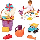 B. toys – B. Ready Beach Bag –Water Play- Beach Tote with Mesh Panel and 11 Funky Sand Toys – 18 m+, Purple Bucket