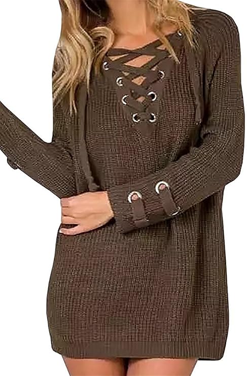 B dressy Comfortable Women's Long Sleeve Cozy Lace Up Weave Knit Sweater Pullover Tops Army 