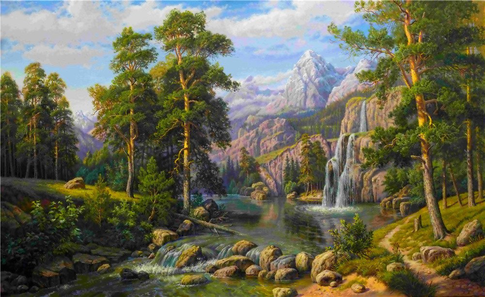 YEESAM ART DIY Paint by Numbers for Adults Beginner Kids, Mountains and Waterfall 16x20 inch Linen Canvas Acrylic Stress Less Number Painting Gifts