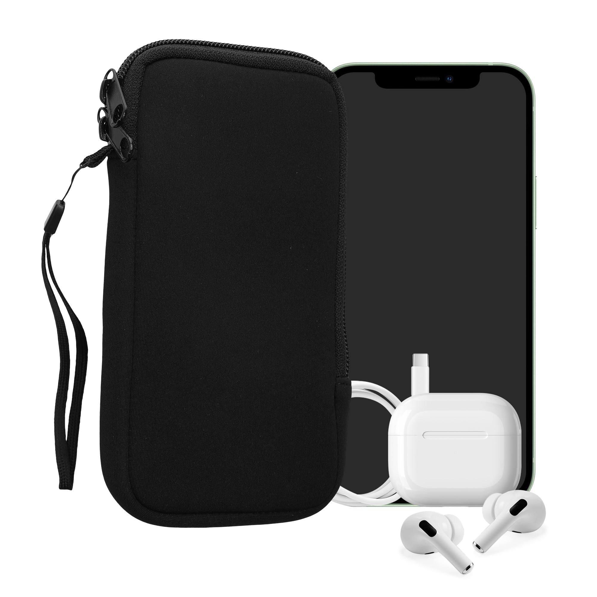 kwmobile Neoprene Phone Pouch Size XL - 6.7/6.8" - Universal Cell Sleeve Mobile Bag with Zipper, Wrist Strap - Black