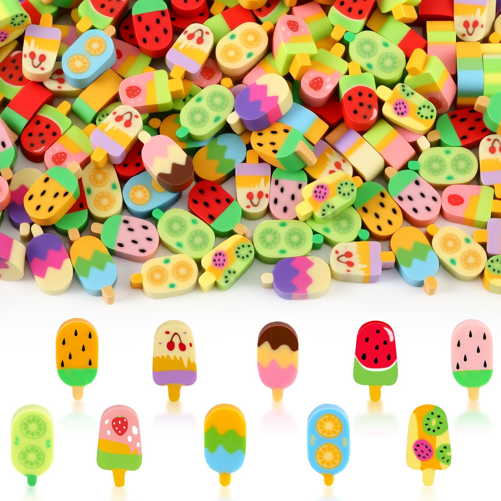 JUNEBRUSHS 300 Pcs Mini Ice Cream Erasers Bulk, Cute Fruit Shaped Erasers for Classroom Prizes Homework Rewards Party Favors Back to School Supplies Student Gifts