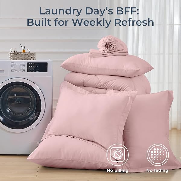 HEVUMYI DUSTY PINK FULL COMFORTER SET – 7-PIECE ALL SEASON BED IN A BAG FULL, ULTRA SOFT BEDDING SET WITH COMFORTER, FLAT SHEET, FITTED SHEET, PILLOWCASES, PILLOW SHAMS