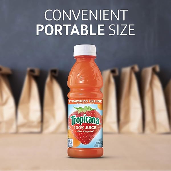 TROPICANA 100% ORANGE STRAWBERRY JUICE,SINGLE SERVE, 10 FL OZ BOTTLES (PACK OF 24) – REAL FRUIT JUICE, VITAMIN C, B & E RICH, NO ADDED SUGARS, NO ARTIFICIAL FLAVORS