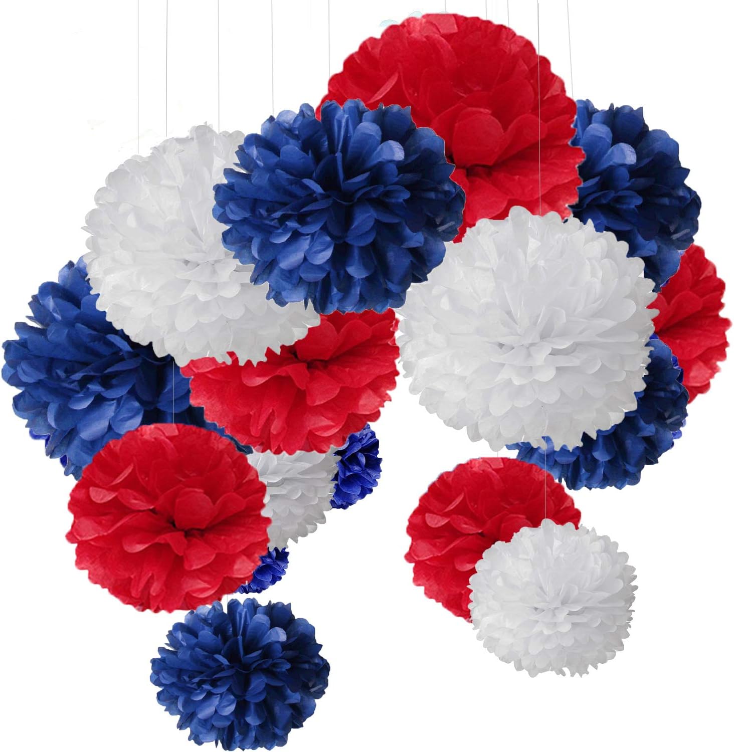 15 pcs Pom pom Decorations Tissue Pom Poms Paper Flower Ball for Wedding Festival Party for a Photo Wall Red Blue White (30.5 cm / 25 cm / 20 cm)