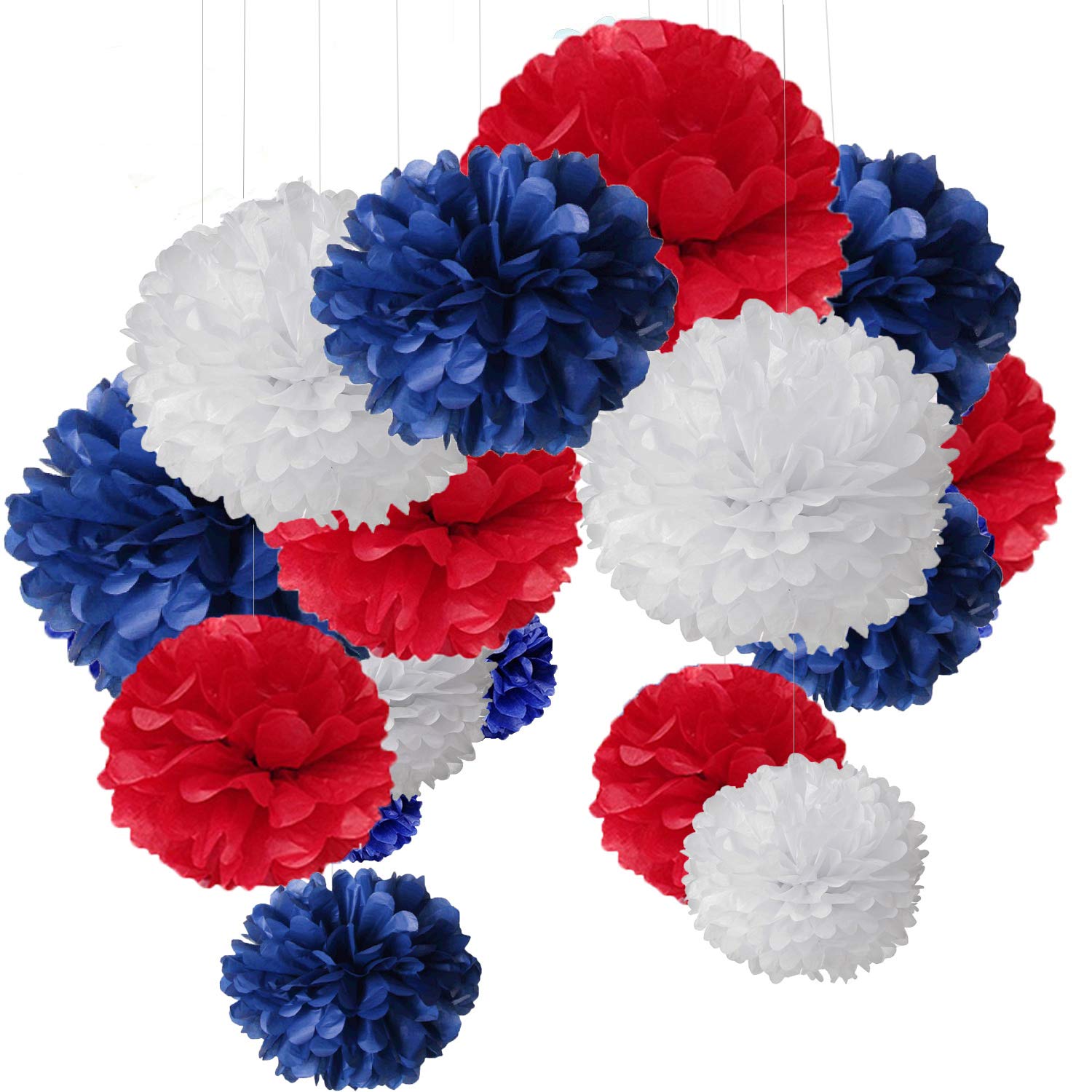 15 pcs Pom pom Decorations Tissue Pom Poms Paper Flower Ball for Wedding Festival Party for a Photo Wall Red Blue White (30.5 cm / 25 cm / 20 cm).
