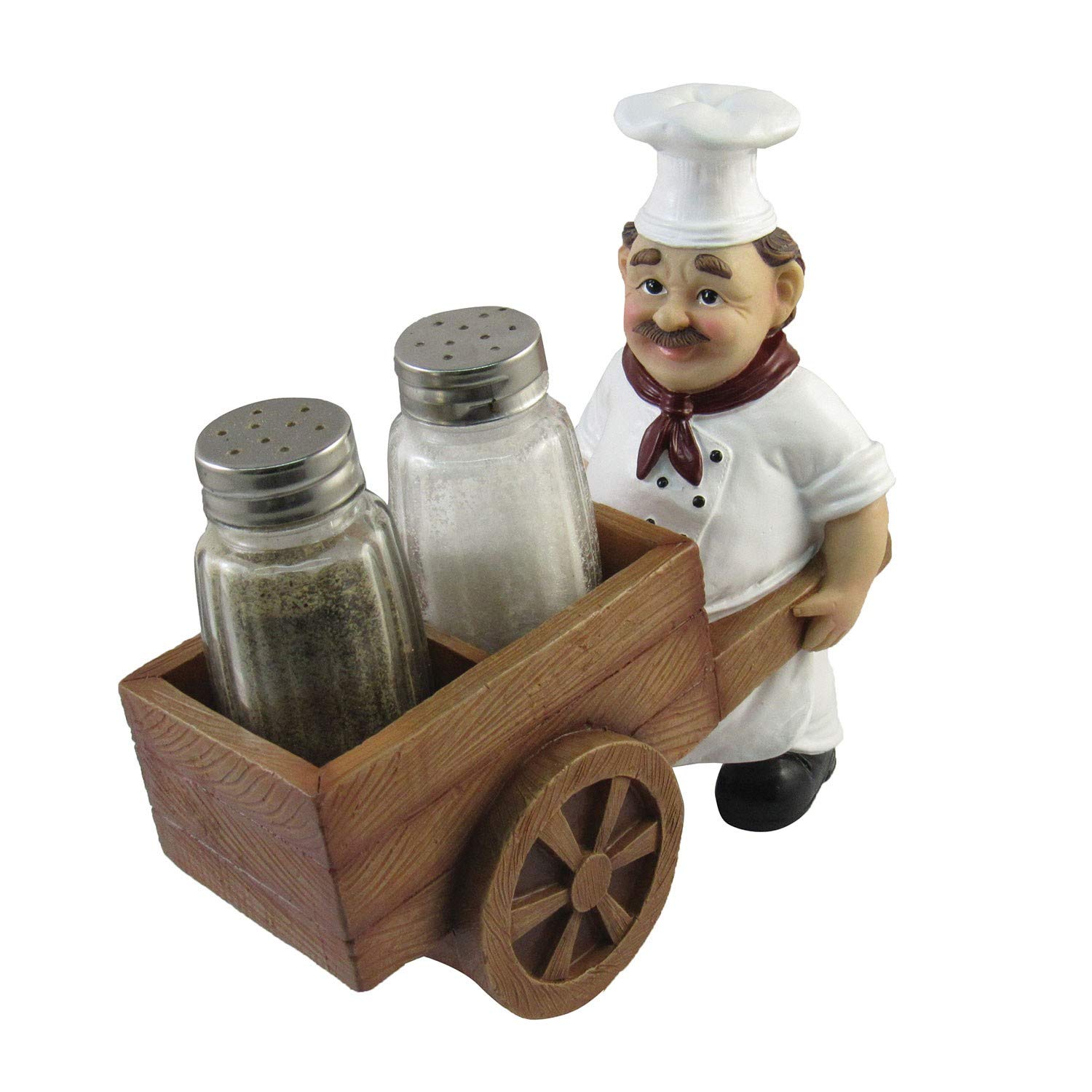 DWK Italian Chef Cart Spice Holder Figurine with Refillable Glass Salt and Pepper Shakers 3 Piece Set | Chef Kitchen Collection Novelty Salt and Pepper Shakers Set - 6"