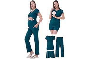 QUNISY Maternity Nursing Pajamas Set 3PCS, Breastfeeding Tops, Adjustable Shorts & Pants, Postpartum Hospital Bag Essentials