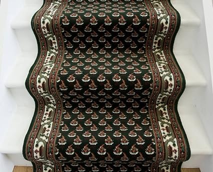 The Rug House Lima 49 Extra Long Thick Dark Green Bordered Stair Carpet Rugs - 70cm Wide