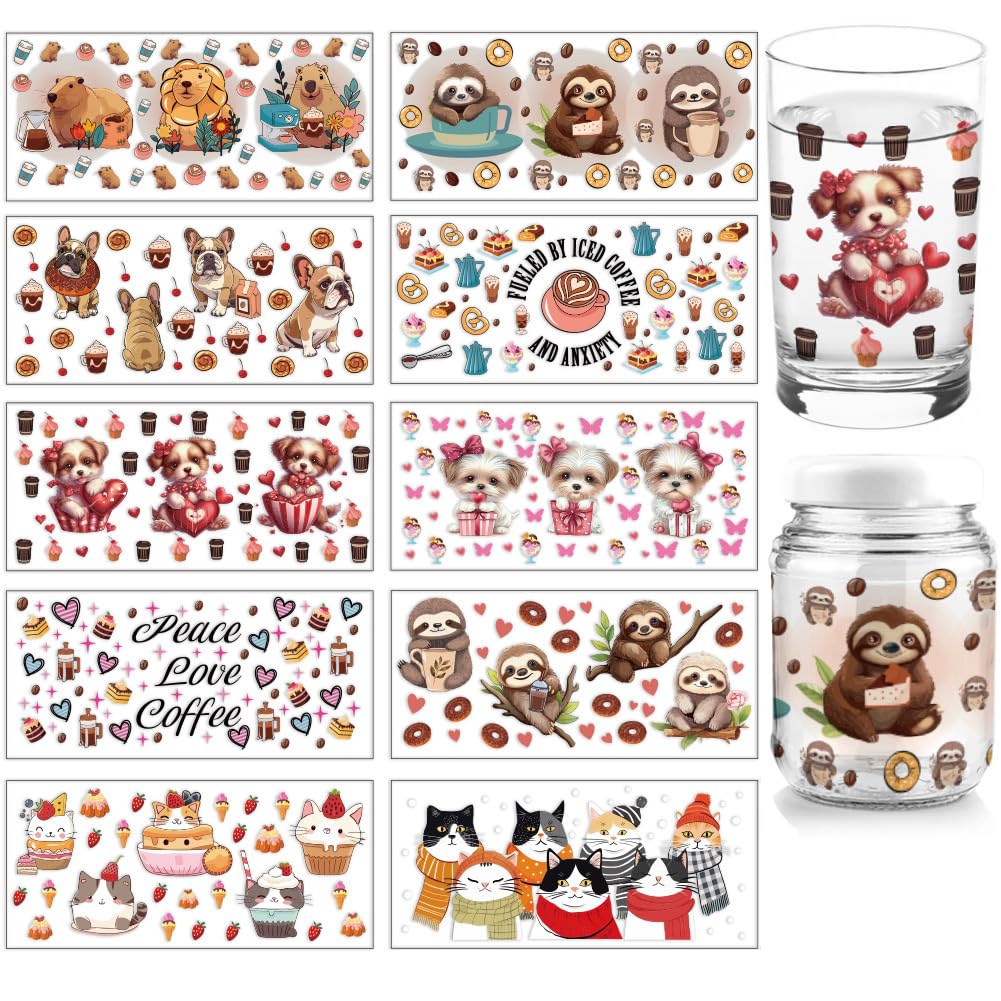 arricraft 10 Sheets UV DTF Cup Wrap, 10 Styles Dessert Cat Dog Capybara Animal Rub on Transfers PVC Transfer Stickers Waterproof Rub Decals for DIY 16OZ Glass Cups Furniture Wood
