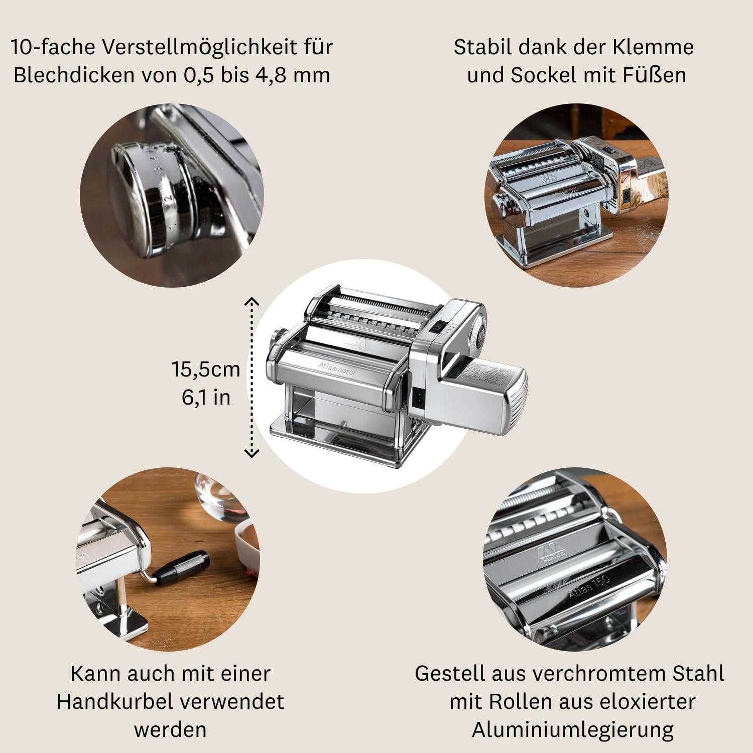Marcato Elektrische Nudelmaschine Atlas 150 + Motor, Atlasmotor, Für Pasta, Lasagne, Fettuccine, Tagliolini, aus Edelstahl 6