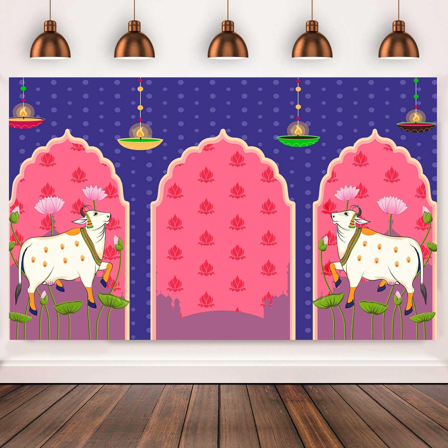 Photo 1 of TYOOFD Blue Lotus Cow Pooja Pichwai Backdrop for Traditional Pooja, Wedding, Housewarming, Diwali, Ganapati, Baby Shower, Haldi Ceremonies - Indian Wall Art Photo Background 7x5ft BJDWFD394